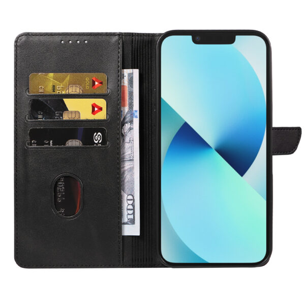 Iphone 13 leren telefoonhoesje bookcase met pasjeshouder en magnetische lipje (2) zwart