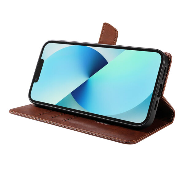 Iphone 13 leren telefoonhoesje bookcase met pasjeshouder en magnetische lipje (3) donkerbruin