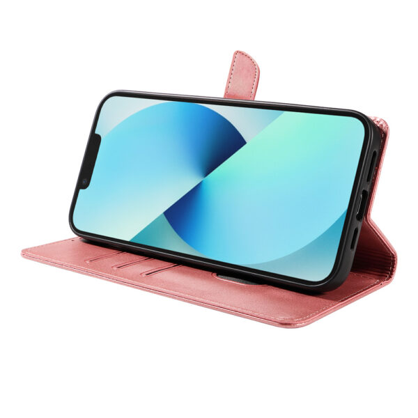 Iphone 13 leren telefoonhoesje bookcase met pasjeshouder en magnetische lipje (3) roze
