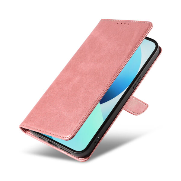 Iphone 13 leren telefoonhoesje bookcase met pasjeshouder en magnetische lipje (4) roze