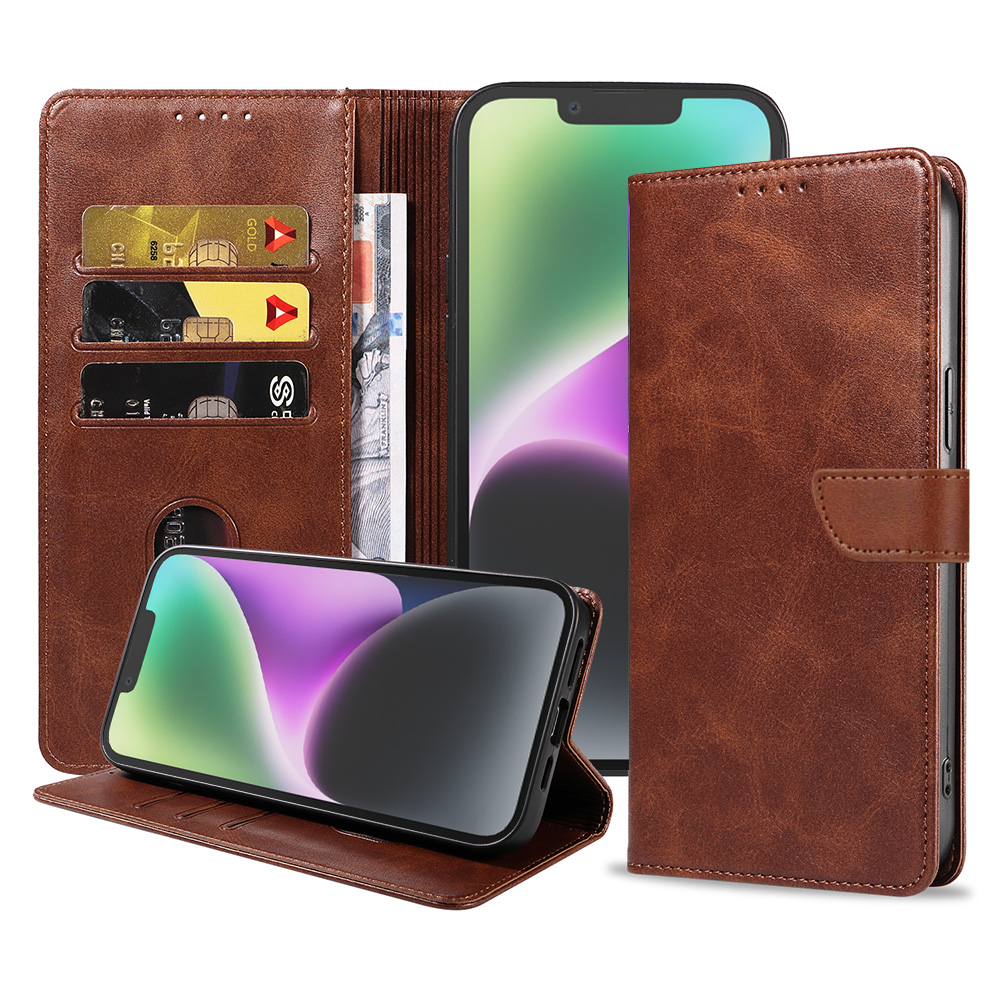 Iphone 14 Plus leren telefoonhoesje bookcase met pasjeshouder en magnetische lipje (1) donkerbruin