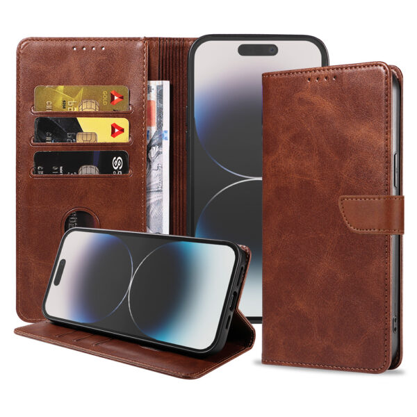 Iphone 14 Pro Max leren telefoonhoesje bookcase met pasjeshouder en magnetische lipje (1) donkerbruin