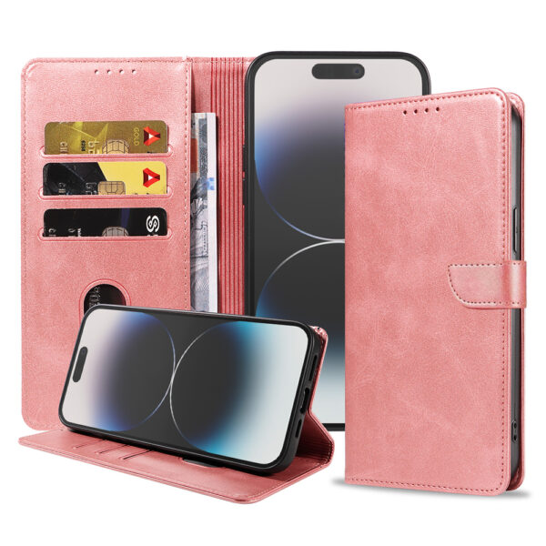Iphone 14 Pro Max leren telefoonhoesje bookcase met pasjeshouder en magnetische lipje (1) roze