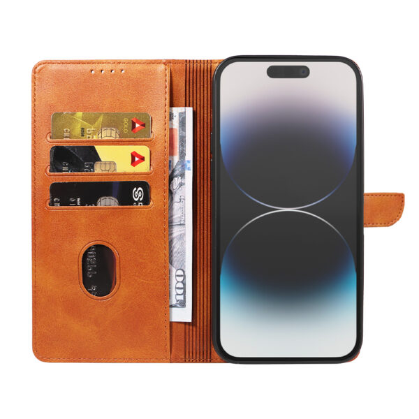 Iphone 14 Pro Max leren telefoonhoesje bookcase met pasjeshouder en magnetische lipje (2) bruin