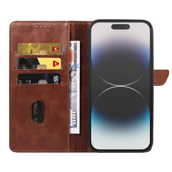 Iphone 14 Pro Max leren telefoonhoesje bookcase met pasjeshouder en magnetische lipje (2) donkerbruin