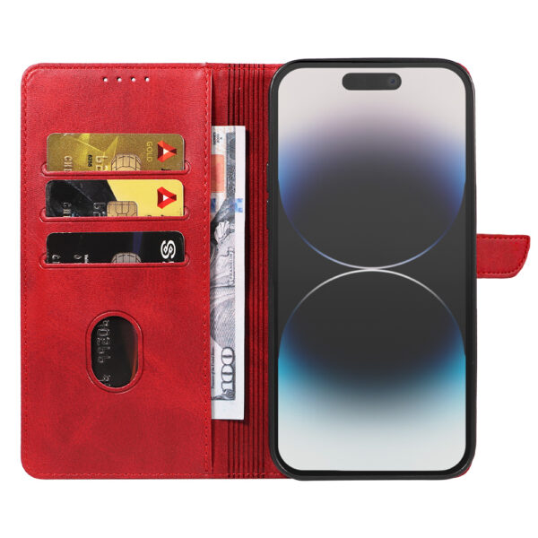 Iphone 14 Pro Max leren telefoonhoesje bookcase met pasjeshouder en magnetische lipje (2) rood