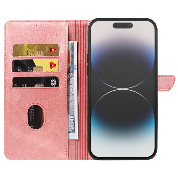 Iphone 14 Pro Max leren telefoonhoesje bookcase met pasjeshouder en magnetische lipje (2) roze