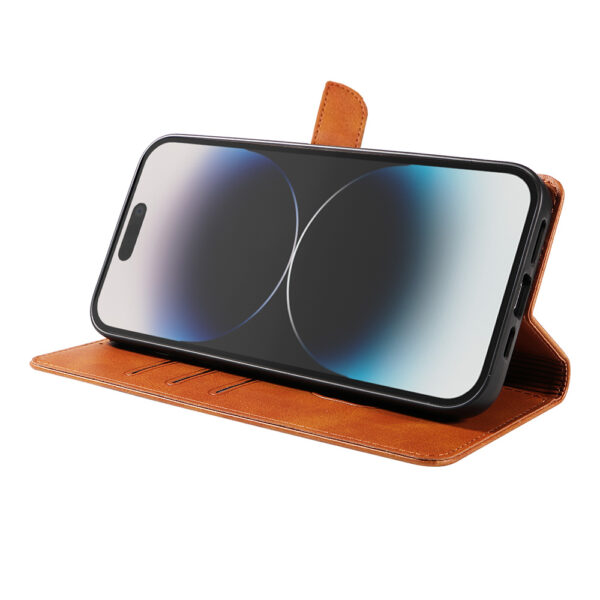 Iphone 14 Pro Max leren telefoonhoesje bookcase met pasjeshouder en magnetische lipje (3) bruin