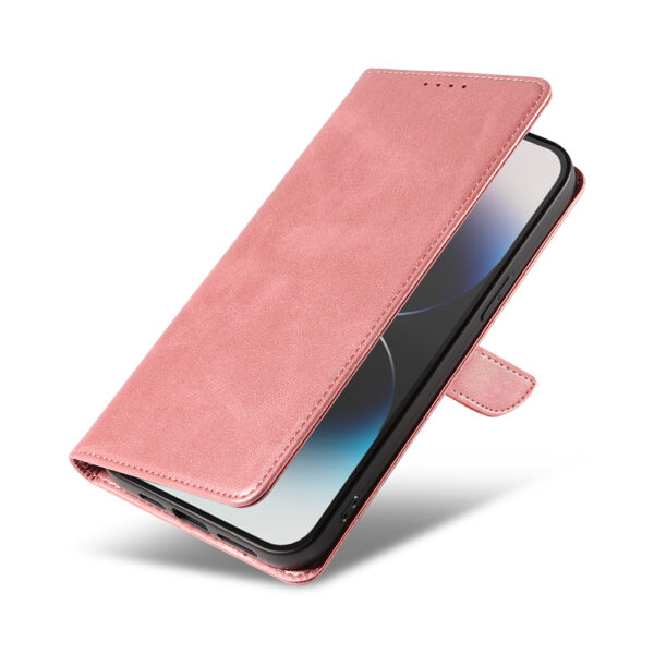 Iphone 14 Pro Max leren telefoonhoesje bookcase met pasjeshouder en magnetische lipje (4) roze