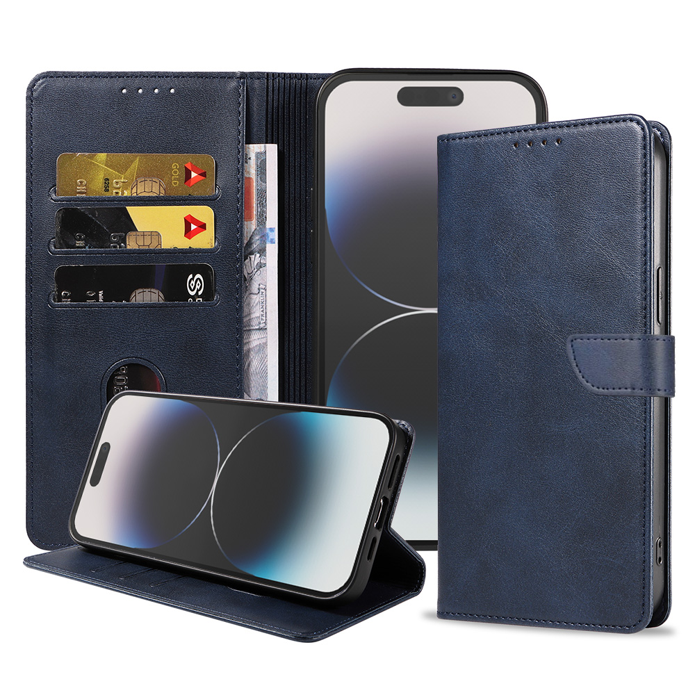 Iphone 14 Pro leren telefoonhoesje bookcase met pasjeshouder en magnetische lipje (1) blauw