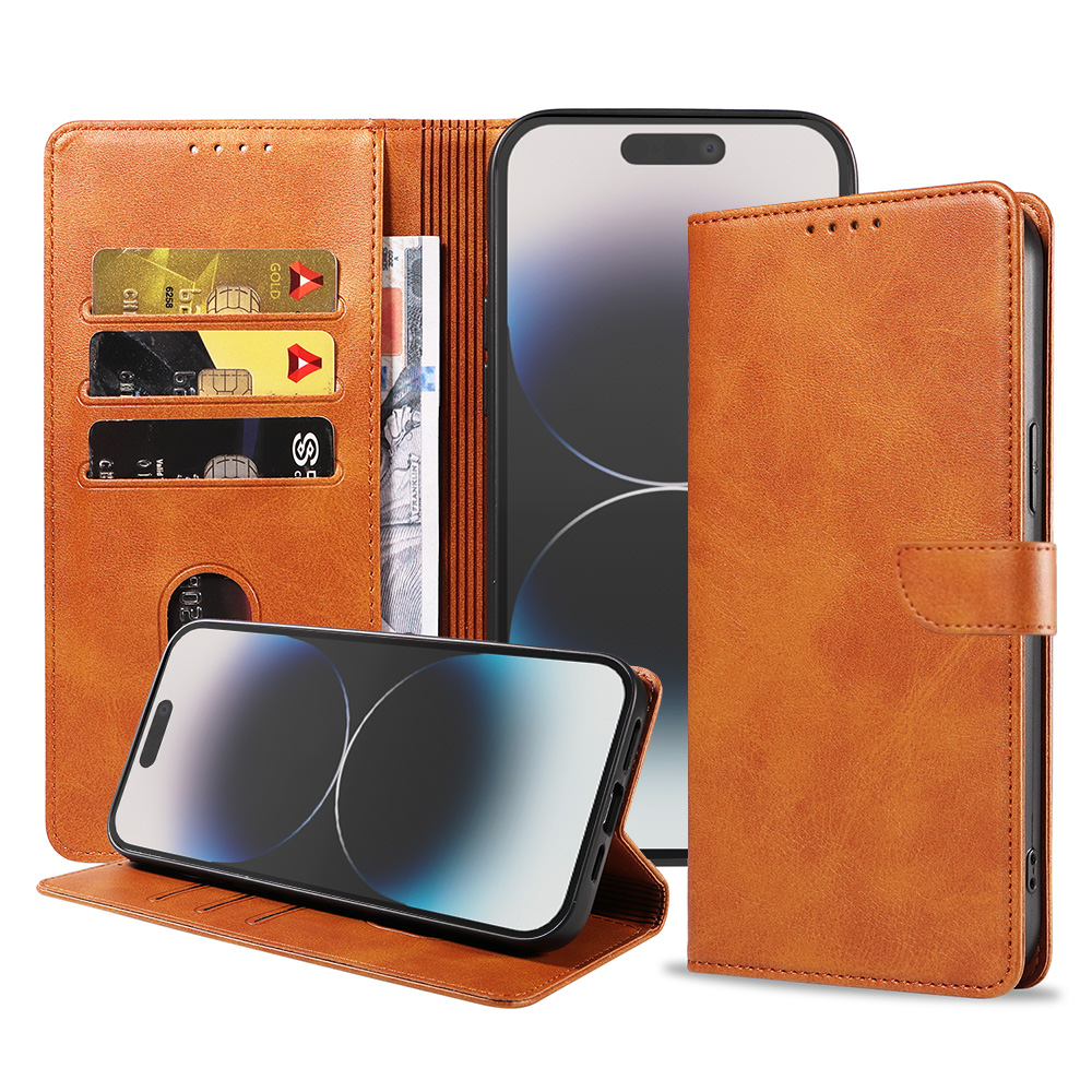 Iphone 14 Pro leren telefoonhoesje bookcase met pasjeshouder en magnetische lipje (1) bruin