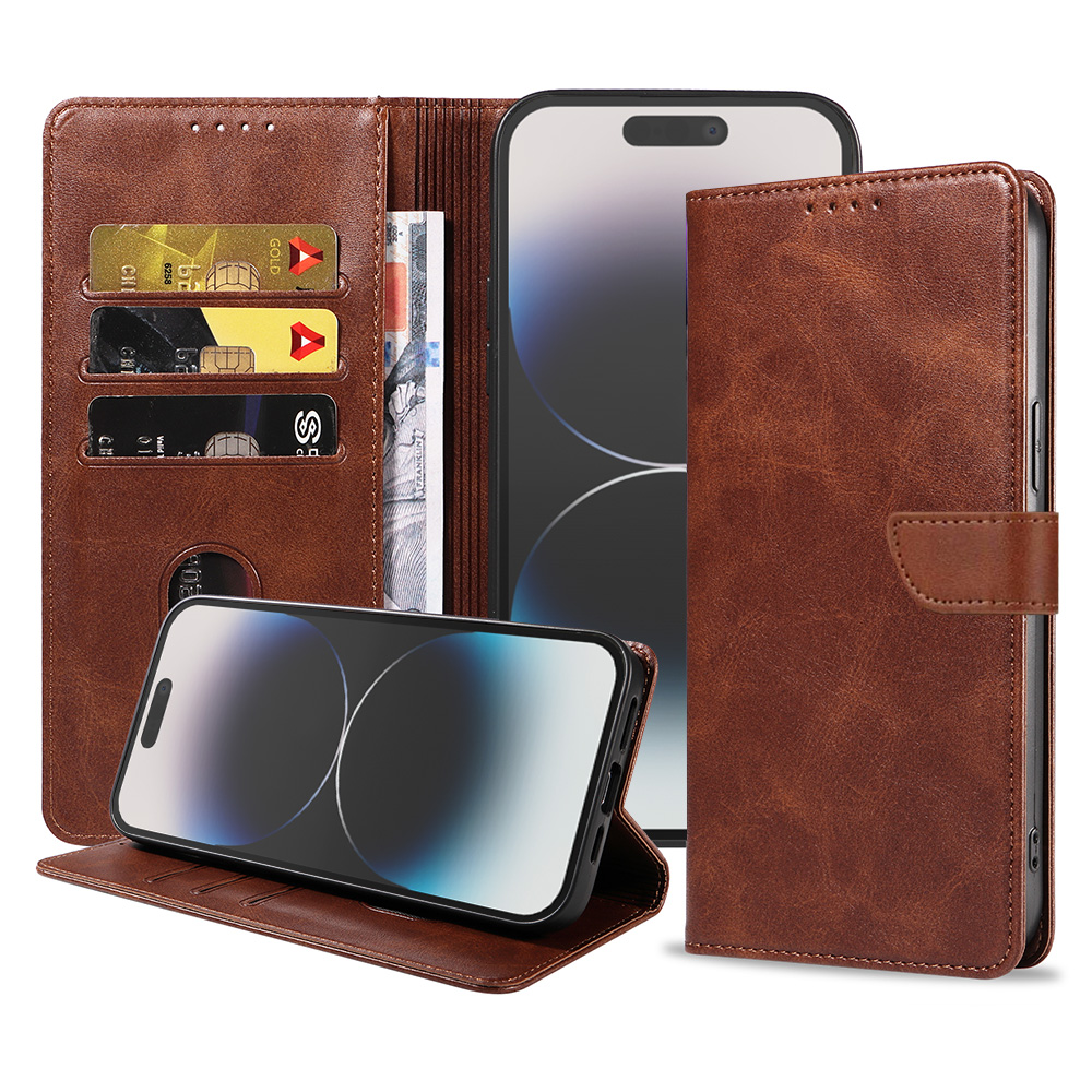 Iphone 14 Pro leren telefoonhoesje bookcase met pasjeshouder en magnetische lipje (1) donkerbruin