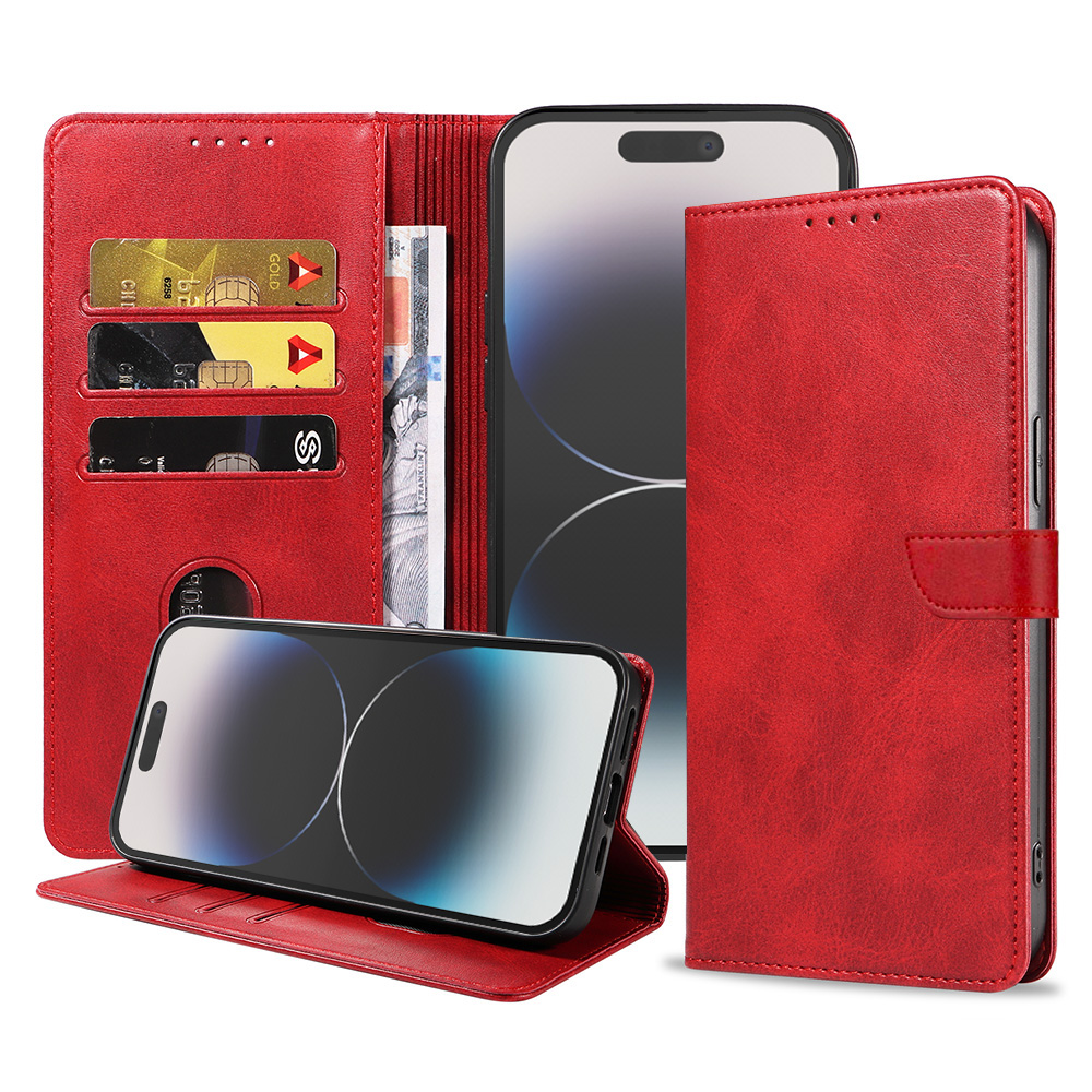 Iphone 14 Pro leren telefoonhoesje bookcase met pasjeshouder en magnetische lipje (1) rood