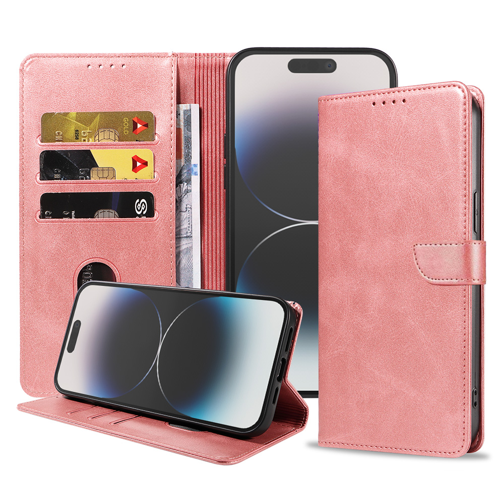 Iphone 14 Pro leren telefoonhoesje bookcase met pasjeshouder en magnetische lipje (1) roze