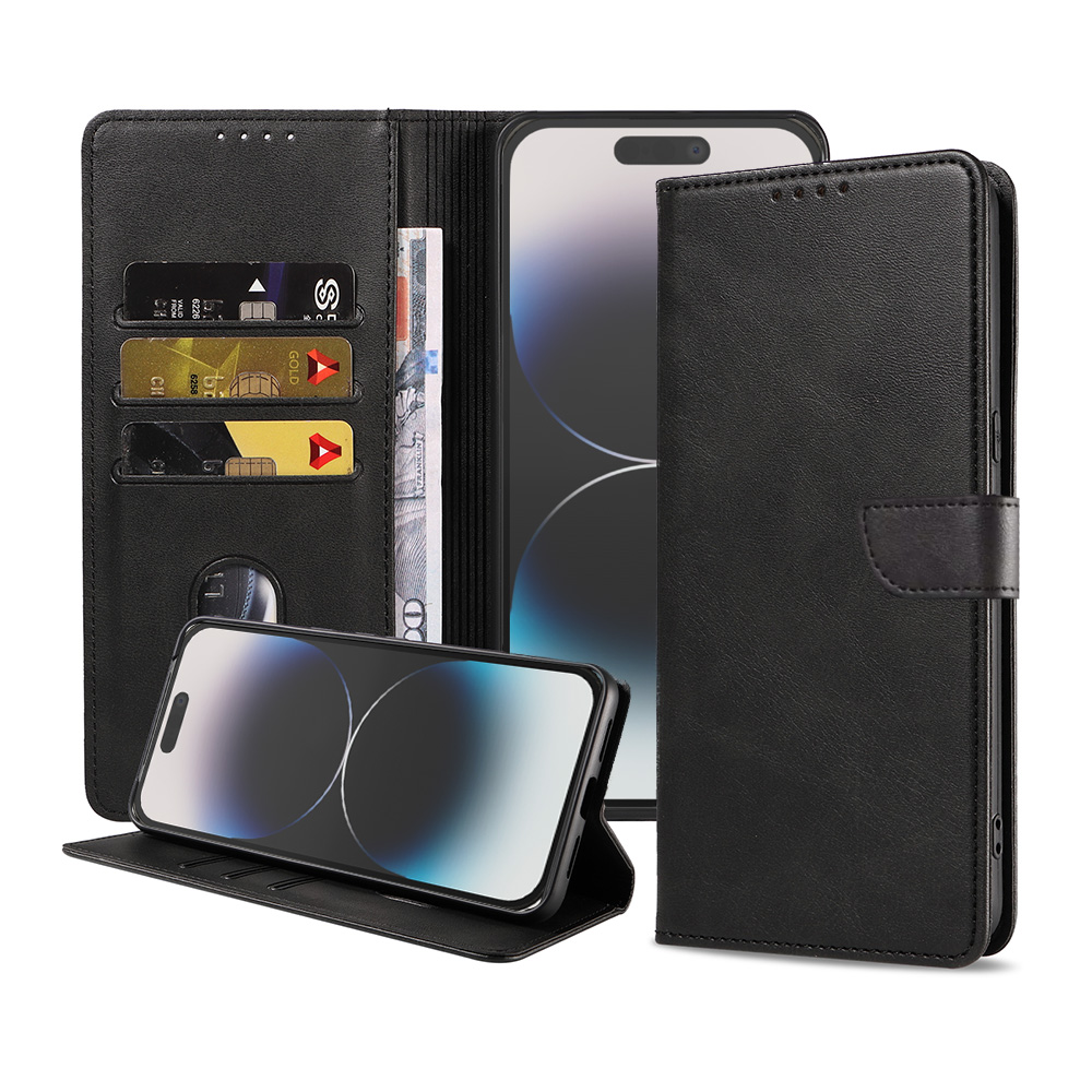 Iphone 14 Pro leren telefoonhoesje bookcase met pasjeshouder en magnetische lipje (1) zwart
