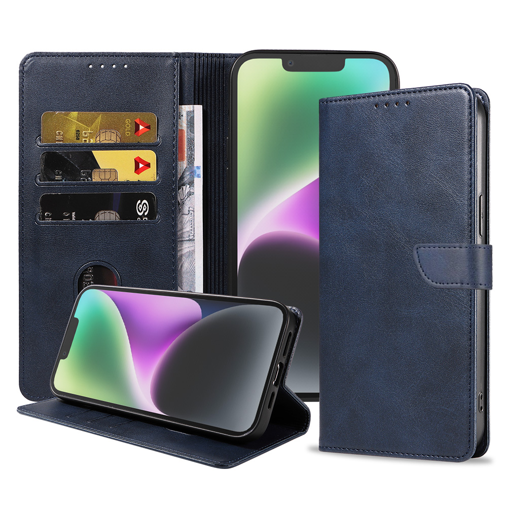 Iphone 14 leren telefoonhoesje bookcase met pasjeshouder en magnetische lipje (1) blauw