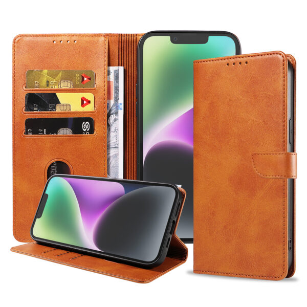 Iphone 14 leren telefoonhoesje bookcase met pasjeshouder en magnetische lipje (1) bruin
