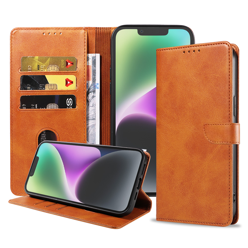 Iphone 14 leren telefoonhoesje bookcase met pasjeshouder en magnetische lipje (1) bruin