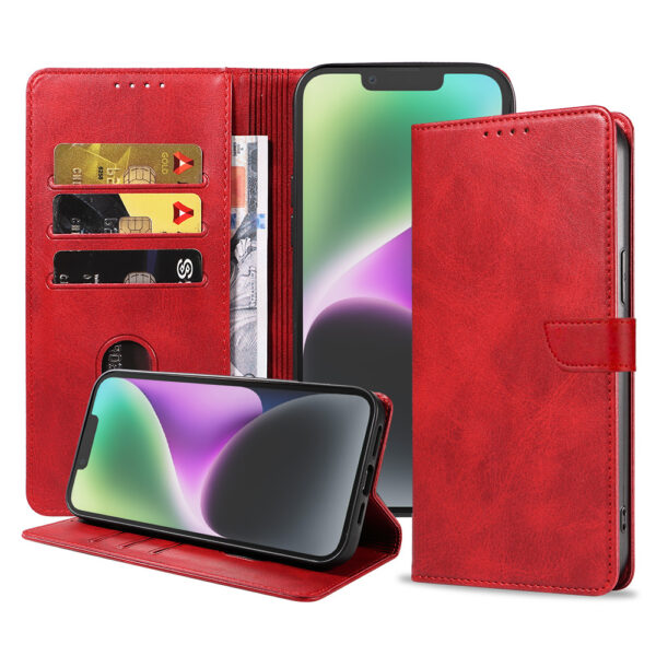 Iphone 14 leren telefoonhoesje bookcase met pasjeshouder en magnetische lipje (1) rood