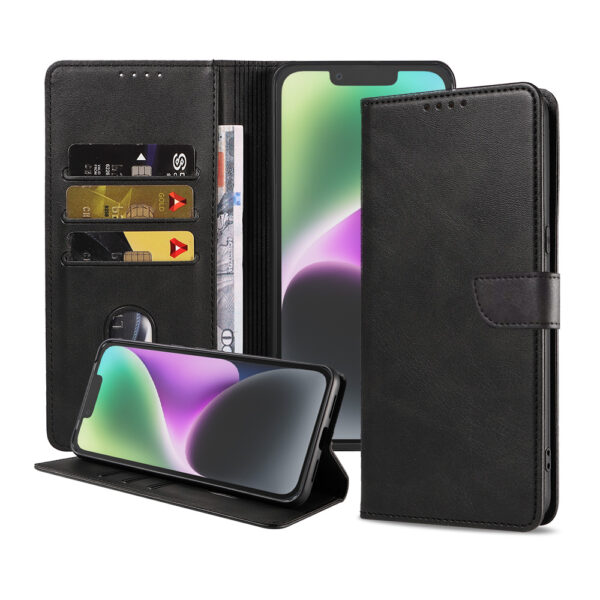 Iphone 14 leren telefoonhoesje bookcase met pasjeshouder en magnetische lipje (1) zwart