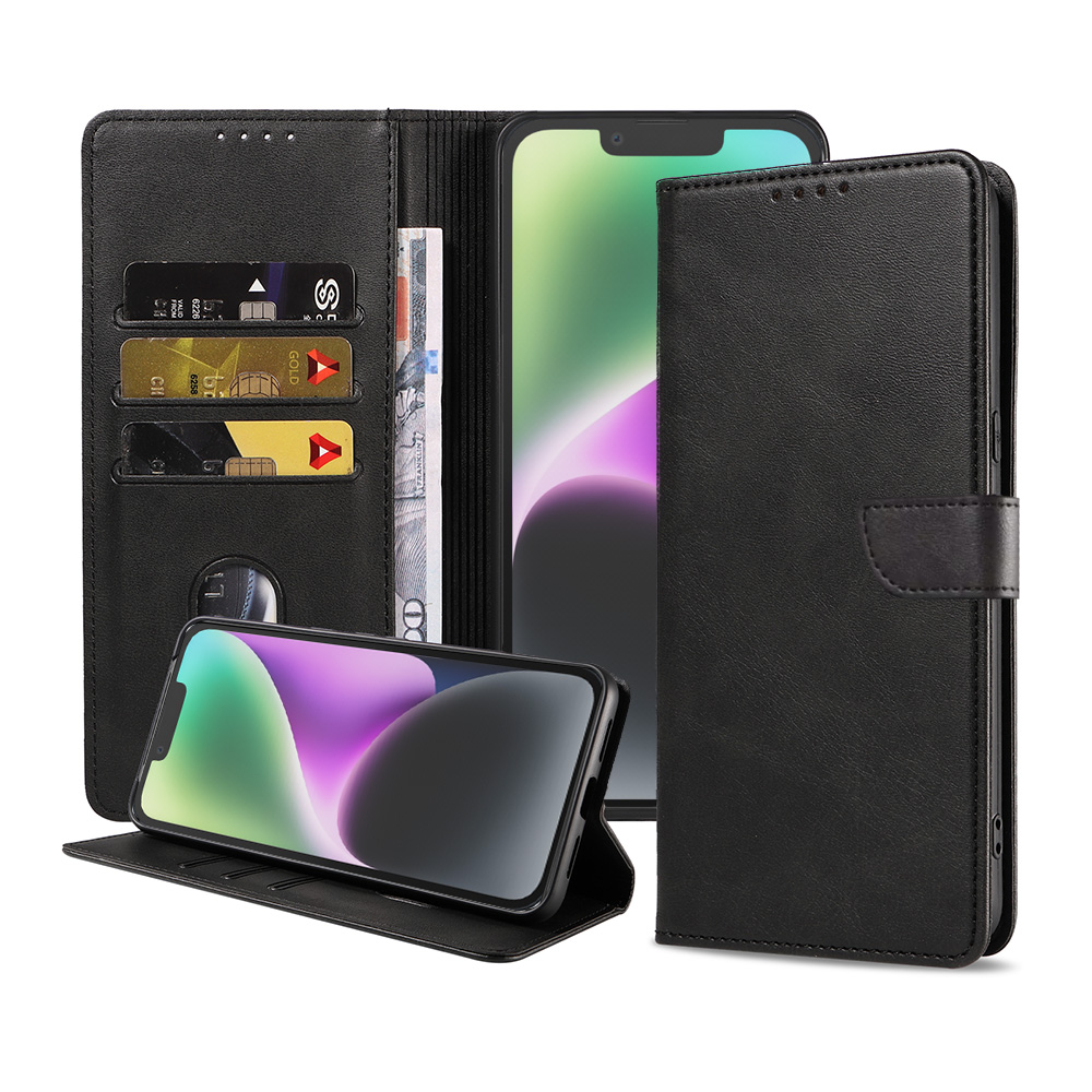 Iphone 14 leren telefoonhoesje bookcase met pasjeshouder en magnetische lipje (1) zwart