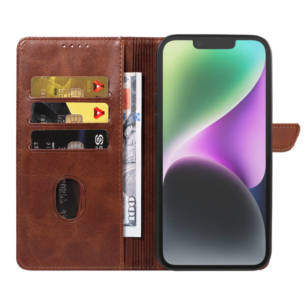 Iphone 14 leren telefoonhoesje bookcase met pasjeshouder en magnetische lipje (2) donkerbruin
