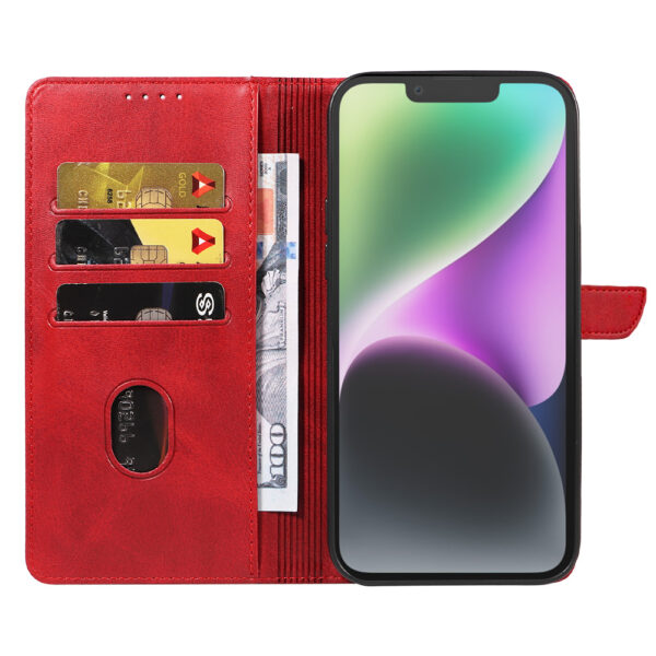 Iphone 14 leren telefoonhoesje bookcase met pasjeshouder en magnetische lipje (2) rood