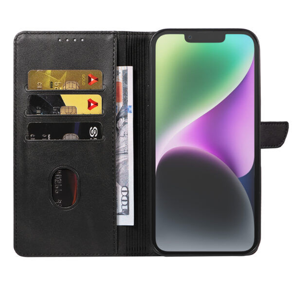 Iphone 14 leren telefoonhoesje bookcase met pasjeshouder en magnetische lipje (2) zwart