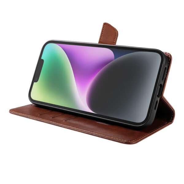 Iphone 14 leren telefoonhoesje bookcase met pasjeshouder en magnetische lipje (3) donkerbruin