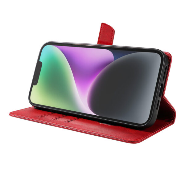 Iphone 14 leren telefoonhoesje bookcase met pasjeshouder en magnetische lipje (3) rood