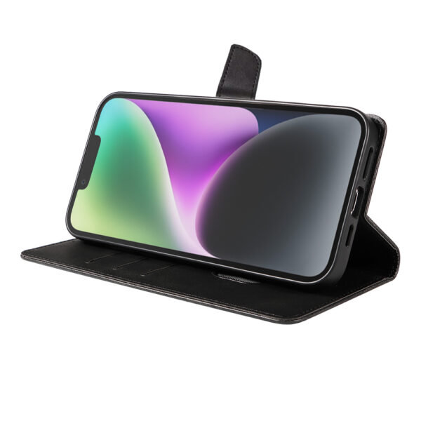 Iphone 14 leren telefoonhoesje bookcase met pasjeshouder en magnetische lipje (3) zwart