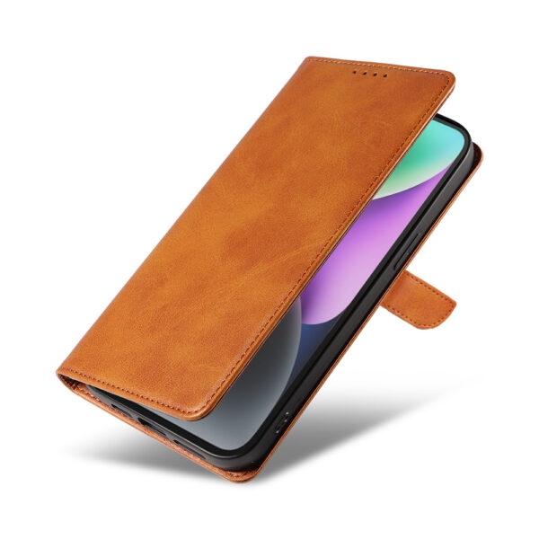 Iphone 14 leren telefoonhoesje bookcase met pasjeshouder en magnetische lipje (4) bruin