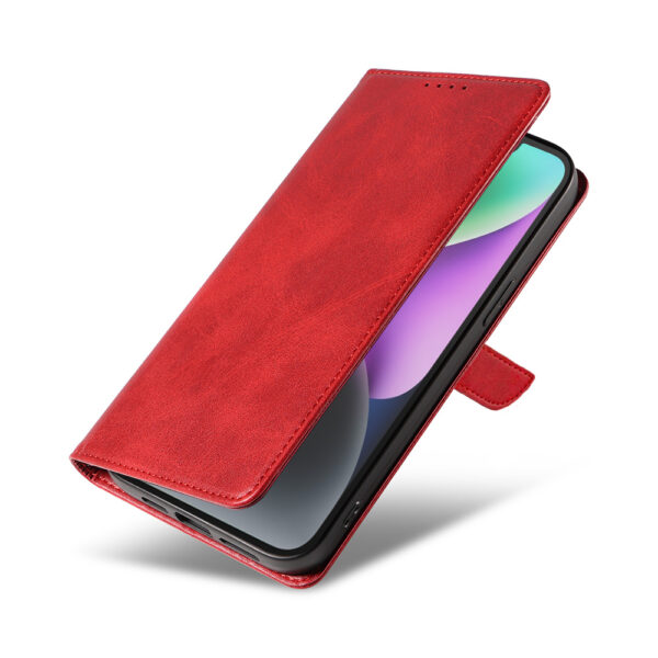 Iphone 14 leren telefoonhoesje bookcase met pasjeshouder en magnetische lipje (4) rood