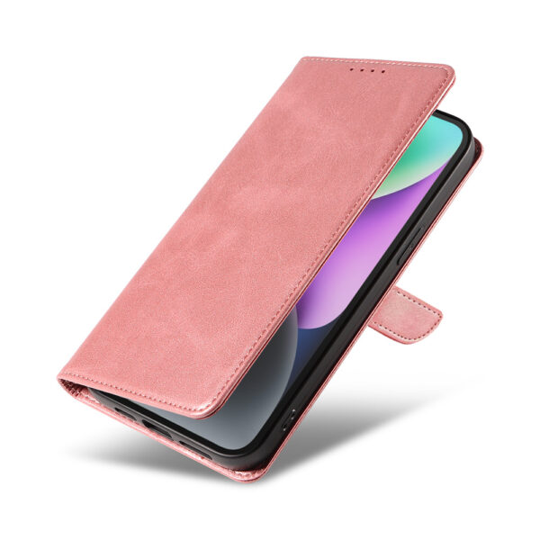 Iphone 14 leren telefoonhoesje bookcase met pasjeshouder en magnetische lipje (4) roze