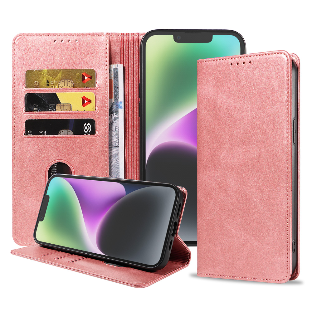 Iphone 14 leren telefoonhoesje bookcase met pasjeshouder en magnetische sluiting (1) roze