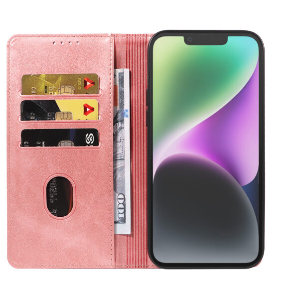 Iphone 14 leren telefoonhoesje bookcase met pasjeshouder en magnetische sluiting (2) roze