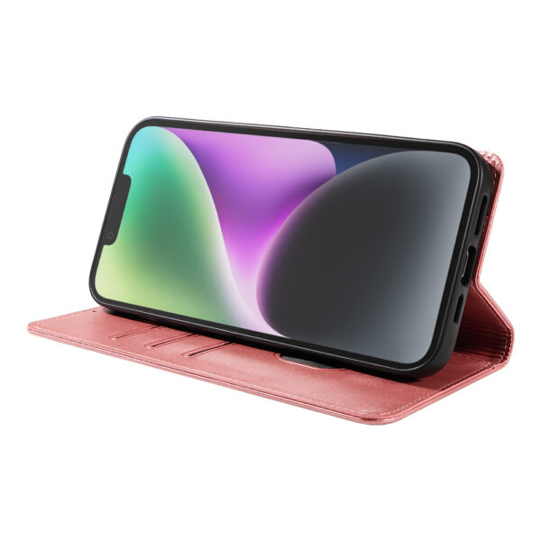 Iphone 14 leren telefoonhoesje bookcase met pasjeshouder en magnetische sluiting (3) roze