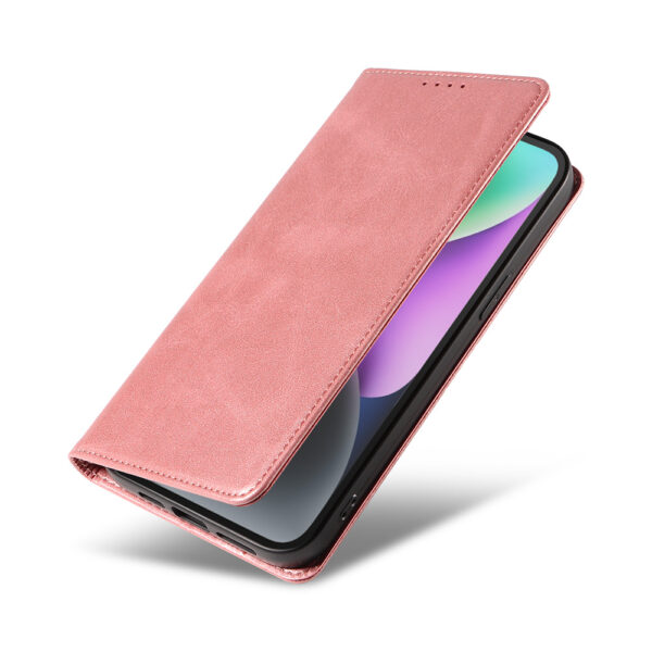 Iphone 14 leren telefoonhoesje bookcase met pasjeshouder en magnetische sluiting (4) roze