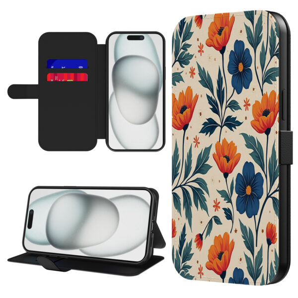 Leren bookcase hoesje iPhone 15 Plus met blauwe en rode bloemen opdruk en pasjeshouder (1)