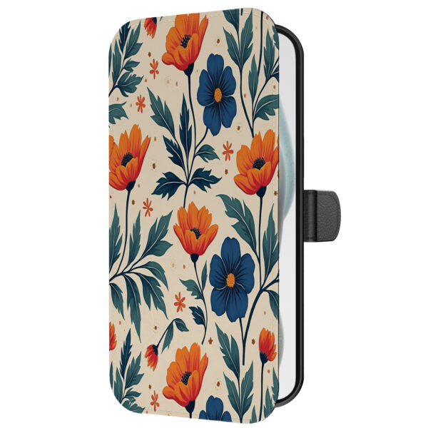 Leren bookcase hoesje iPhone 15 Plus met blauwe en rode bloemen opdruk en pasjeshouder (2)