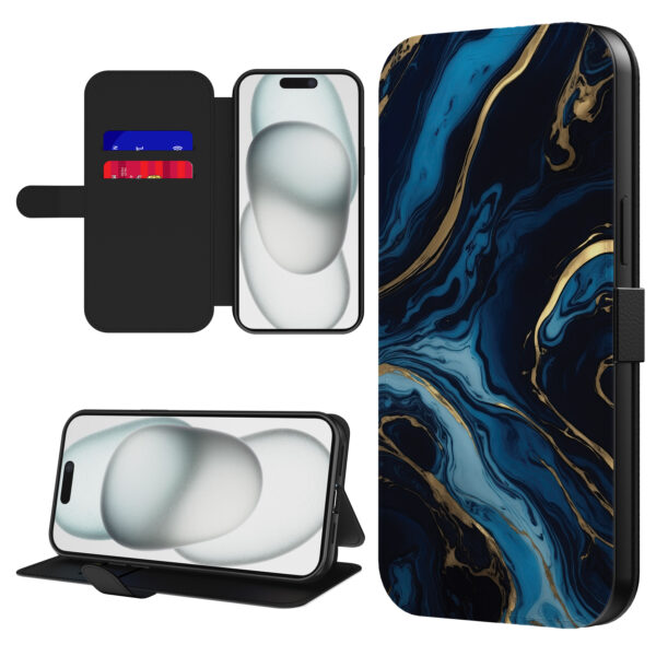 Leren bookcase hoesje iPhone 15 Plus met goud blauw marmer opdruk en pasjeshouder (1)