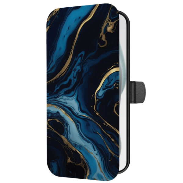 Leren bookcase hoesje iPhone 15 Plus met goud blauw marmer opdruk en pasjeshouder (2)