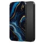 Leren bookcase hoesje iPhone 15 Plus met goud blauw marmer opdruk en pasjeshouder (5)