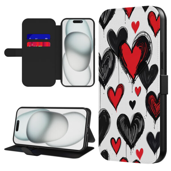 Leren bookcase hoesje iPhone 15 Plus met hartjes opdruk en pasjeshouder (1)