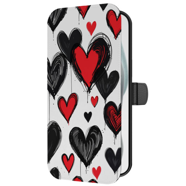 Leren bookcase hoesje iPhone 15 Plus met hartjes opdruk en pasjeshouder (2)