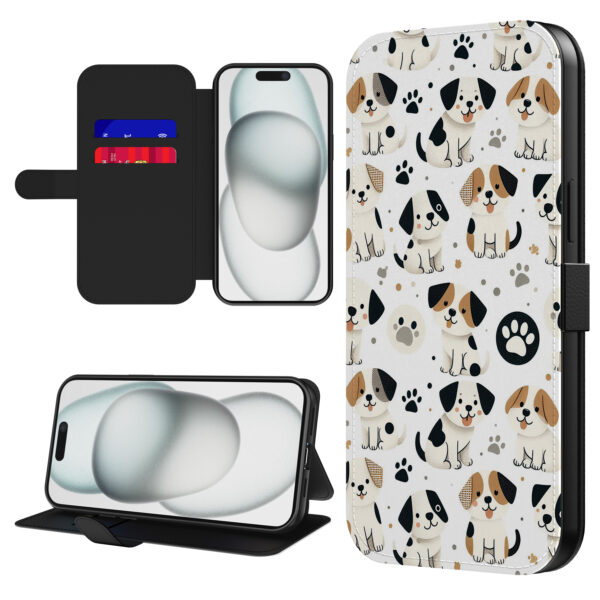 Leren bookcase hoesje iPhone 15 Plus met honden en pootjes opdruk en pasjeshouder (1)