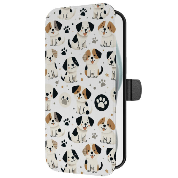 Leren bookcase hoesje iPhone 15 Plus met honden en pootjes opdruk en pasjeshouder (2)