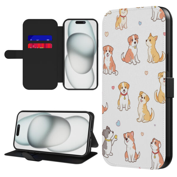 Leren bookcase hoesje iPhone 15 Plus met honden opdruk en pasjeshouder (1)