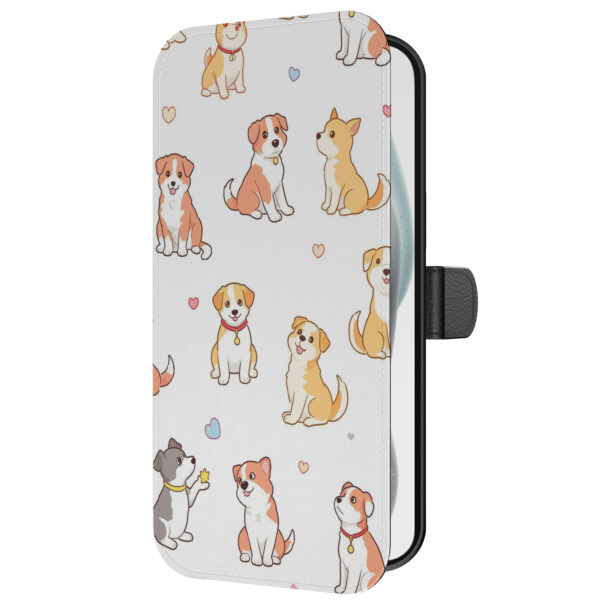 Leren bookcase hoesje iPhone 15 Plus met honden opdruk en pasjeshouder (2)
