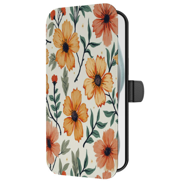 Leren bookcase hoesje iPhone 15 Plus met oranje en rode opdruk en pasjeshouder (2)